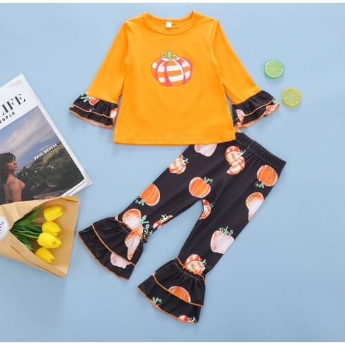 Girls Halloween Clothes Set, Pumpkin Print Long Sleeve O-neck T-shirt + Elastic Waist Flared Trousers