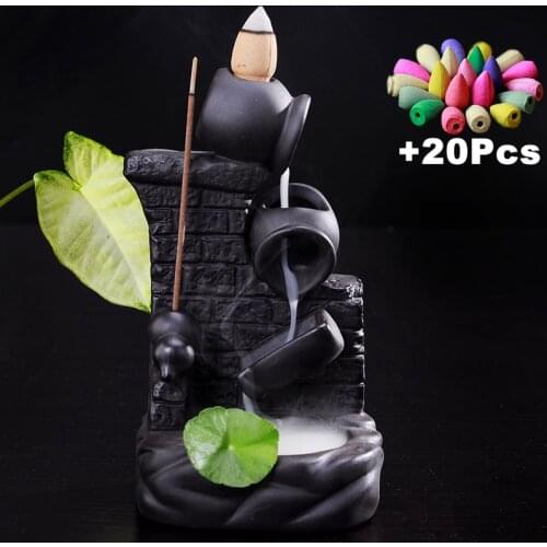 + 20Pcs Incense Cones Ceramic Creative Flowing Water Backflow Incense Burner Home Decor Aromatherapy Censer Home Decorations