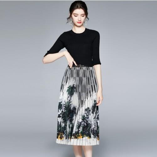 Summer Contrast Color Women Pleated Dresses Vintage Knitted Patchwork Vestidos Office Half Sleeve Sashes Midi Dress k7049