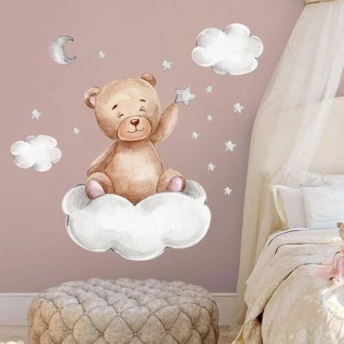 Cartoon Bear Moon Cloud Star Series Wall Sticker PVC Wall Decals for Baby Nursery Kids Room Living Room Bedroom Home Decorations
