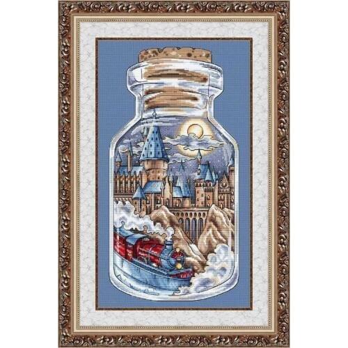 G cross stitch Kits Lovely Counted Cross Stitch Kit City Train in a Bottle Jar Industrial Age Vintage Chic Bottles Jars Memory