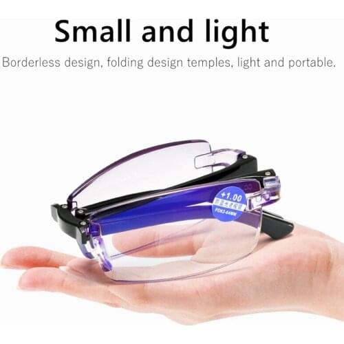Rimless Foldable Reading Glasses Portable Men Women Anti Blue Light Tr90 Folding Presbyopic Glasses Mini UltraLight with Case