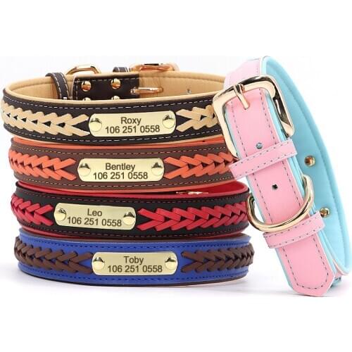 Personalized Dog Collar PU Leather Padded Dogs Braided Collars Free Engraving Pet ID Tag Name Plate for Small Medium Large Dogs