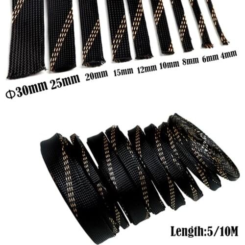 10M Braided Expandable Cable Sleeve 4-20mm Insulation Wire Wrapper Gland Cables Protection Sheathing Insulation Black&Gold