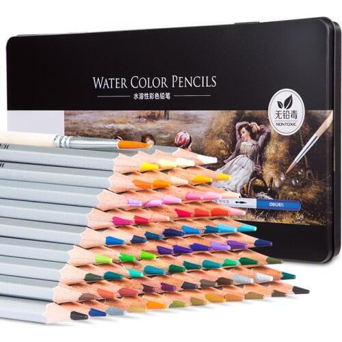 Deli Professional Water Color Pencils 72 Iron Box Send A Brush Wooden Colored Pencil Metal Material Box Kit Watercolor Gift