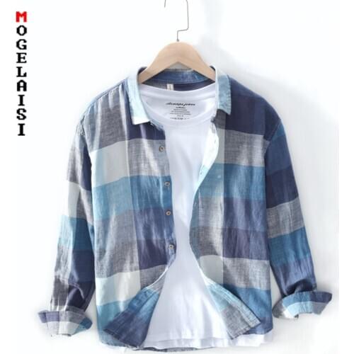New mens shirt fashion big plaid linen cotton shirts men long sleeve breathable comfortable tops camisa social masculina LZ-768