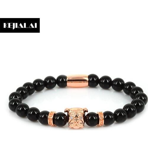 Lucky Gem 2017 Fashion Men Jewelry Bulldog Charm Bracelet for Women 8mm Black Stone Beads Pulseras Masculina Mantra Prayer