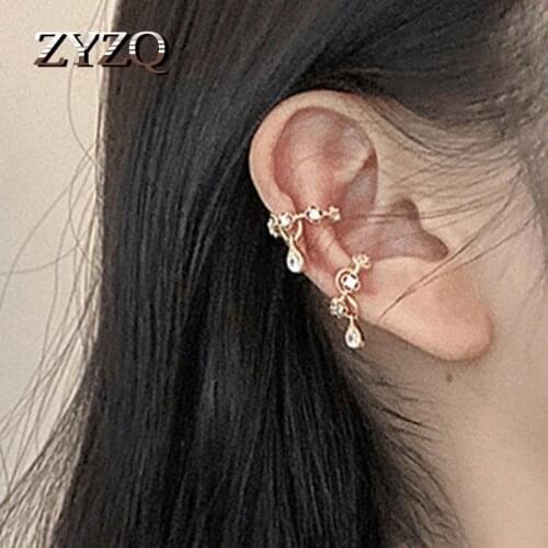 ZYZQ 1 Pcs Korean Tassel Crystal Gold Leaf Clip Earring For Women Without Piercing Puck Fine Zircon Ear Cuff Girls Jewelry Gifts