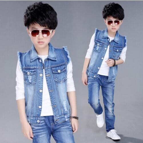 Spring And Autumn Boys Blue Denim Waistcoat Kids Sports Jacket Comfortable Childrens Wear Handsome Boys Denim Jacket 4-12 Y