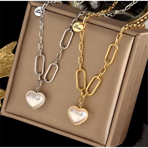 316L Stainless Steel Vintage Baroque Pearl Love Necklace Splicing Chain Heart Pendant Necklace No Fade