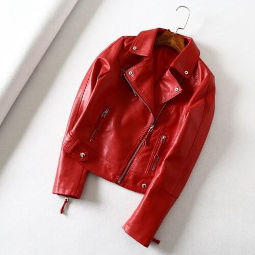 Red Short Faux Pu Leather Jacket Women Slim Korean 2021 Spring Autumn Lapel Long Sleeve Green Yellow Biker Jacket Female Outwear