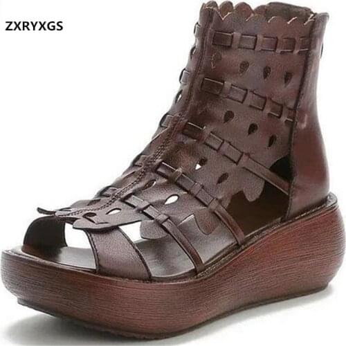 Promotion 2021 New Summer Roman Sandals Open Toe Genuine Leather Hollow Sandals Thick Bottom Wedges Heighten Shoes Woman Sandals
