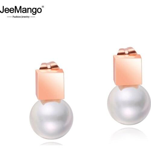 JeeMango Square Geometric Stud Earring For Women Titanium Steel Rose Gold Color Simulated Pearl Earrings Jewelry Brincos JE17074