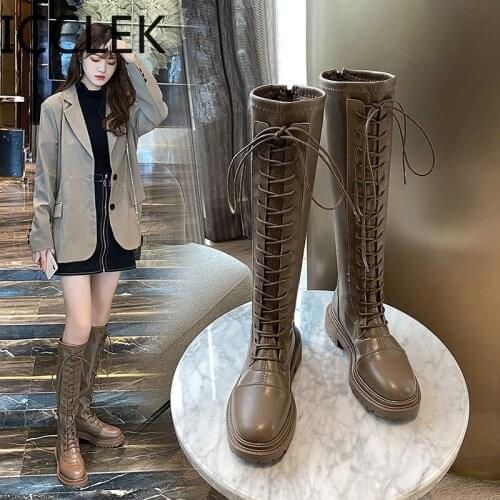 Women Autumn Winter Knee High Boots Fashion Cross-tied PU Leather Long Boots Female Round Toe Platform Botas Mujer 2020
