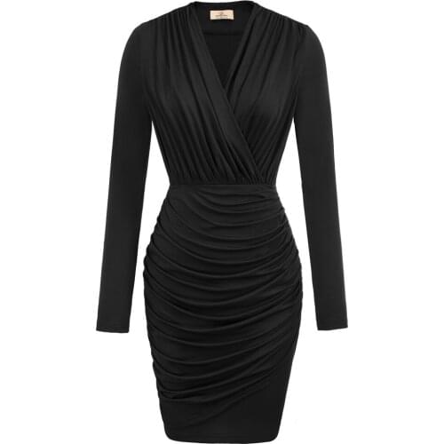 Womens Dresses Long Sleeve V-Neck Pleated Hips-Wrapped Dresses Elegant Casual Formal Party Evening Bodycon Mini Pencil Dress