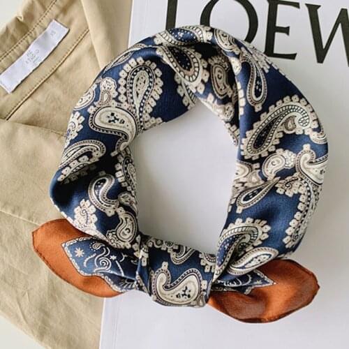 Luna&Dolphin Women Small Square Scarf 53x53 100% Real Silk Cashew Flowers Caramel Vintage Bandanas Paisley Headbands Kerchief
