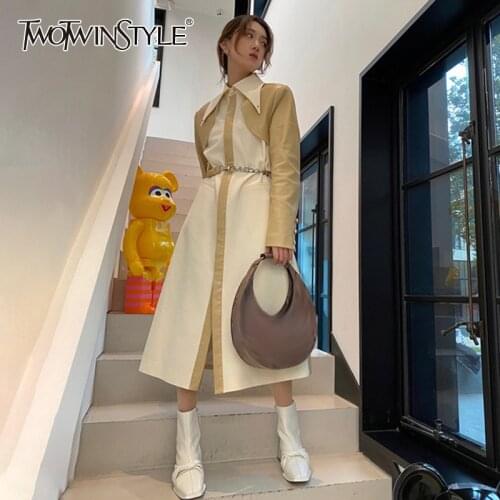 TWOTWINSTYLE Colorblock Slim Casual Trench Females Peaked Lapel Long Sleeve Sashes Gathered Waist Fashion Coats For Women Autumn