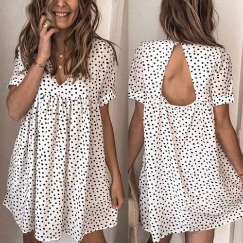 40# Harajuku Womens Summer Dresses Polka Dot Casual Loose Wave Point Hollow Out Leaky Back Dress Sundress Plus Size Vestidos