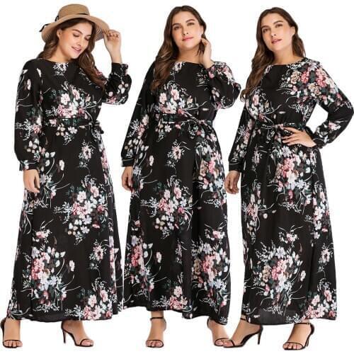 Dubai Women Long Maxi Dress Floral Printed Abaya Round Neck Cocktail Islamic Clothing Arab Long Sleeve Dress 2019 Autumn Fashion