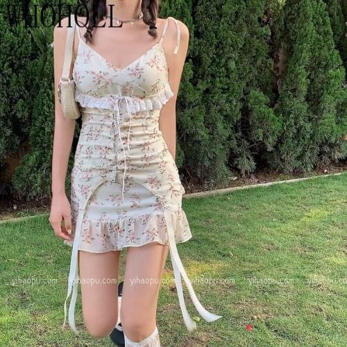Lolita Sexy Floral Suspender Dress Fashion Elegant Bow White Female Mini Dress Summer Party Cute Sexy French Dress Women