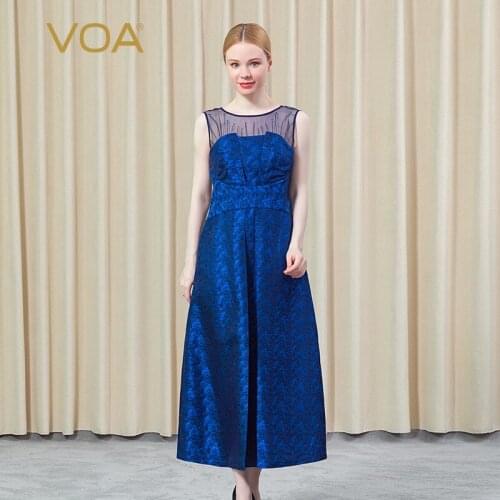 VOA Silk Yarn-dyed Jacquard Sleeveless V-Collar Stuffed Line Decorative Fold Open Back Dress AE869 Maxi Dresses for Women Party
