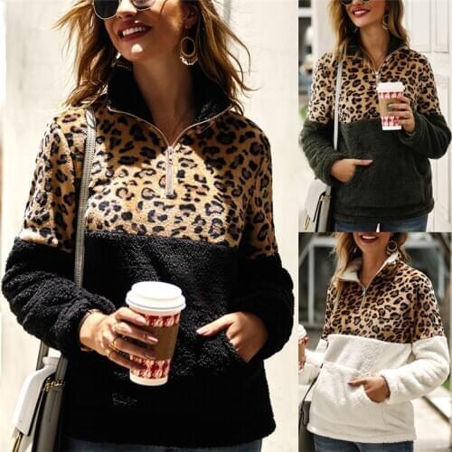2020 Women Winter Coat Sherpa Tops Winter Fleece Sweater Fashion Leopard Patchwork Fluffy Thick Sweaters Warm Zipper Pullovers