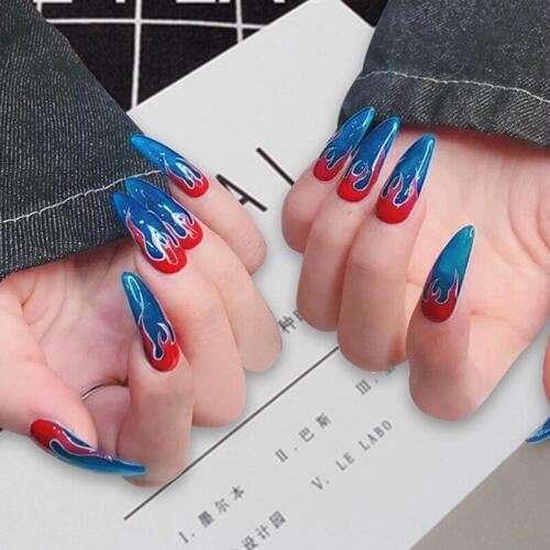 24pcs/Set Punk Fire Pattern Fake Nails Artificial Full Cover European Long Stiletto Nail Art Tips Women Finished Press On Nails