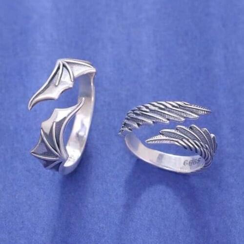 G5GC 2x Classic Unisex Wing Ring Ins Vintage Opening Adjustable Feather Ring Couple Ring Set For Boyfriend Girlfriend