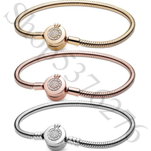 Authentic 925 Sterling Silver Moments Sparkling Crown O Fashion Bracelet Fit Pandora Women Bead Charm Bangle Gift DIY Jewelry