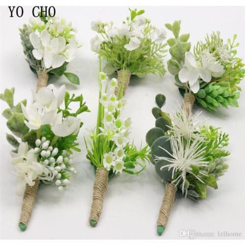 YO CHO Boutonniere Wedding Wrist Corsage Bracelet Bridesmaids Green Plants Groom Boutonniere Flowers Prom Marriage Accessories