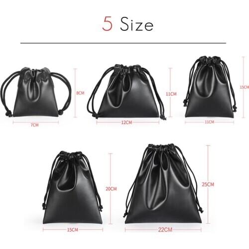Black PU Leather Drawstring Bag Waterproof Storage Bags Charm Jewelry Gift Candy Cookies Packaging Bags Headphone Pouches