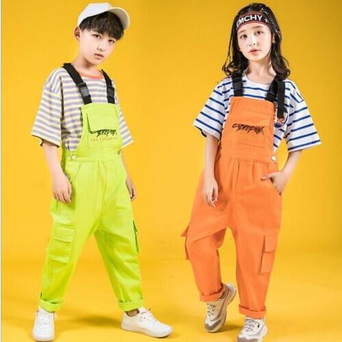 Kids Hip Hop Clothing Striped T Shirt Tops Loose Bib Pants for Girls Boys Jazz Dance Costumes Ballroom Dancing Clothes Wear