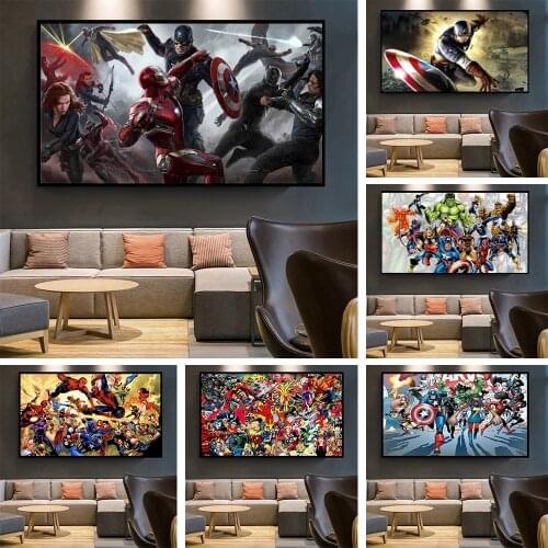 Marvel Superhero Combination Canvas Painting Spiderman Captain America Hulk HD Print Poster Black and White Wall Decoration