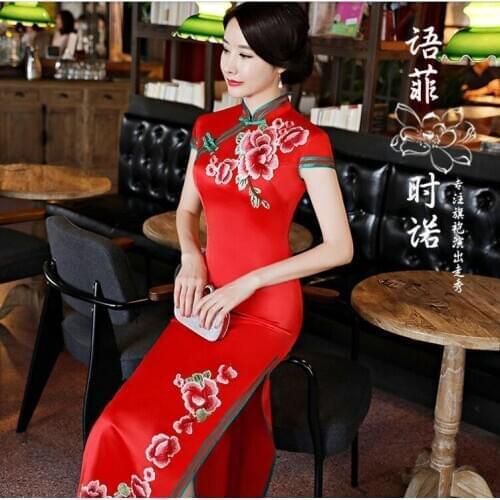Red Chinese Womens Cheongsam Elegant China Oriental Dresses Stage costumes Qipao