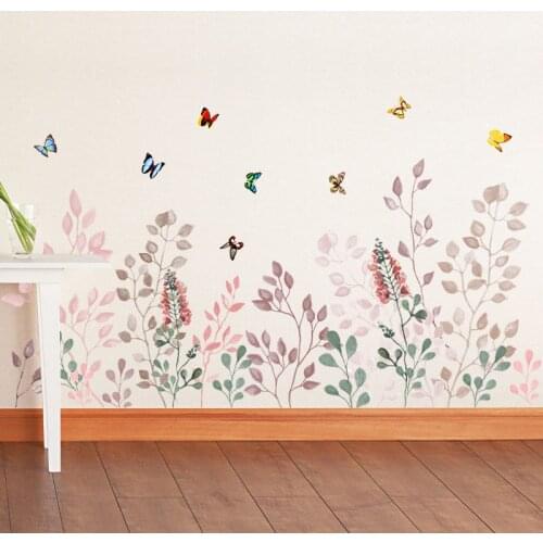 Colorful Plant Leaves Wall Stickers Flowers Butterflies Home Decoration Art Skirting Line Mural Decals Wall Poster