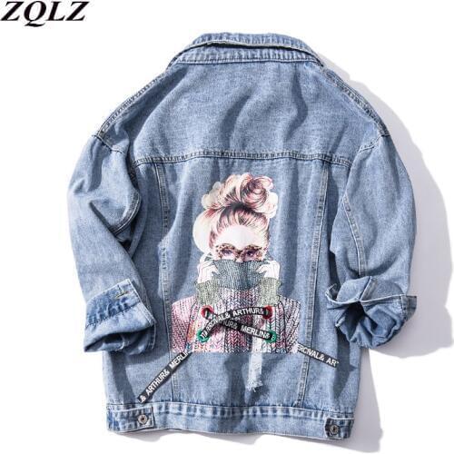 ZQLZ Plus Size Denim Jacket Women 2020 New Loose Harajuku Autumn Jeans Coat Female Print Casual Outwear Frayed Beading Coats