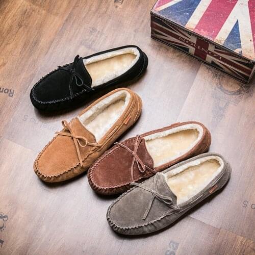 Loafer Masculino Male Casual Shoes Mens Moccasins Men Suede Leather Plush Warm Fur Peas Driving Shoes Moccasins Shoes Bowknot