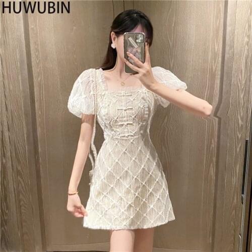 2021 Summer New Womens Square Neck Chic Retro Lace Foam Sleeve Bow Tie Slim Fashionable And Elegant Avant-Garde Dress