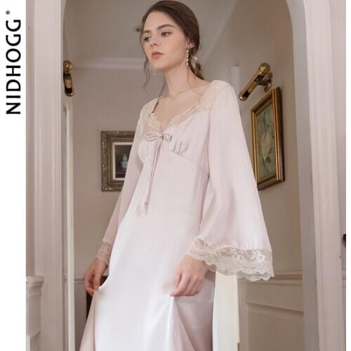 Autumn Thin Court Dress Long-sleeved Silk Sexy Sleepwear V-Neck Vintage Nightgowns Pink Long Sleeping Skirt Satin Slip Dress