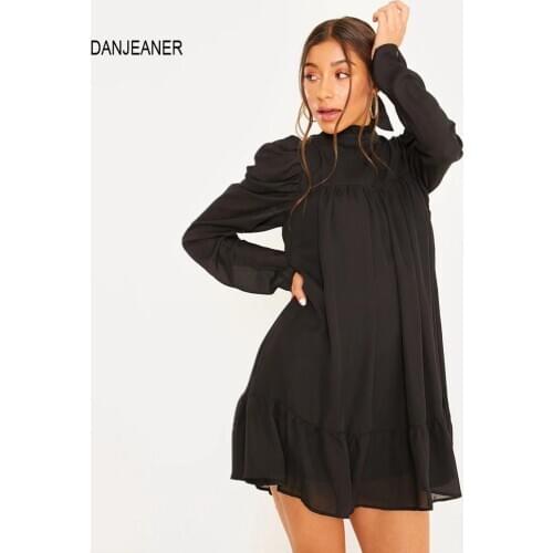 DANJEANER Retro Long Sleeve Mandarin Collar Casual Dress 2020 New Spring Solid Loose Mini Party Dress Streetwear Elegant Vestido