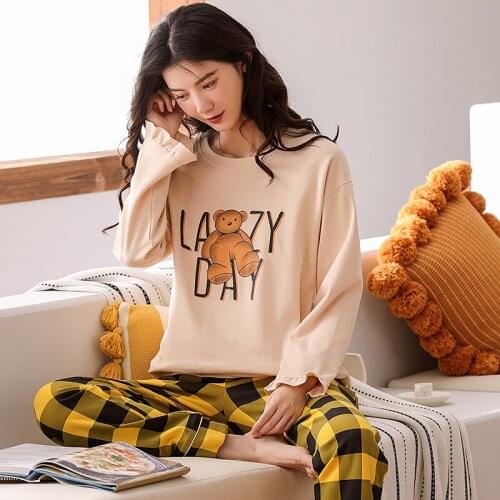 PURE Cotton Pullover Long Sleeve Trousers Pajama Jammies Autumn Winter Girl Lady Womens O-Neck Sleepwear Nightwear Pyjamas NLZM
