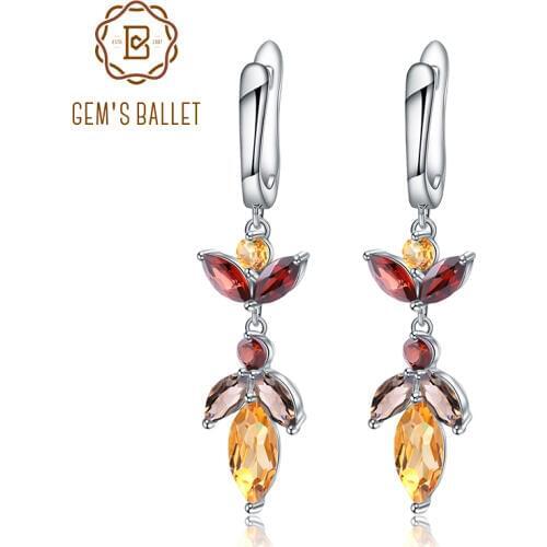 GEMS BALLET Natural Citrine Garnet Smoky Quartz Earrings 925 Sterling Silver Gemstone Drop Earrings For Women Fine Jewelry