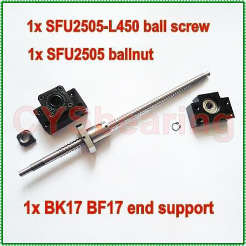 Anti Backlash ball screw SFU2505 -L 450 end machined + Flange Ball nut for CNC + BK17 BF17 Ballscrew support
