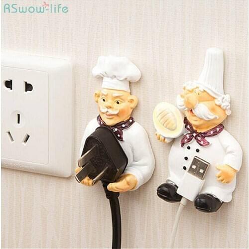 Chef Cartoon Resin Paste Type Wire Receiving Hook With Double-Sided Sticker Multifunctional Kitchen Bathroom Plug Holder Decor