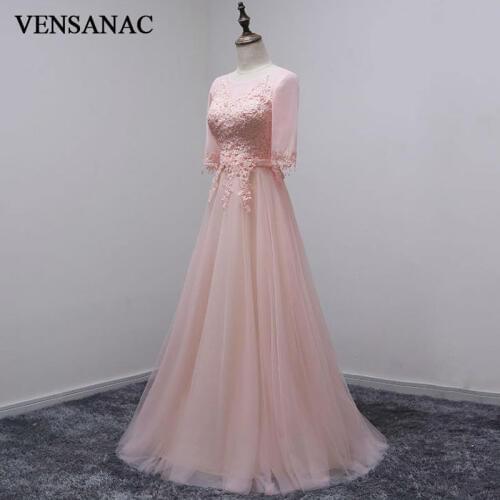 VENSANAC 2017 New A Line Embroidery O Neck Long Evening Dresses Half Sleeve Elegant Draped Sash Lace Appliques Party Prom Gowns