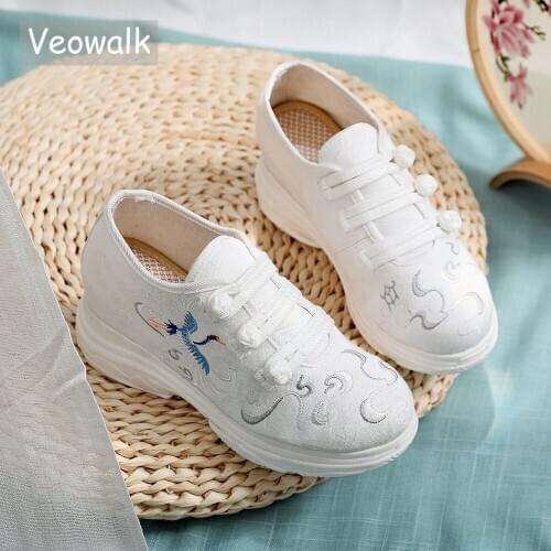 Veowalk Chinese Embroidered Women White Clunky Sneakers Chic Dorky Dad Shoes Hidden Platform Ladies Casual Comfortable Creepers