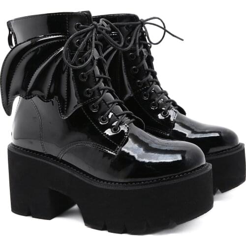 High Quality Women Demon Wings Leather Boots Block Heel Gothic Black Punk Style Platform Shoes Female Footwear Motorcycle Boots