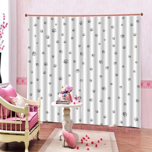 Customized Blackout Curtain with Hooks Animal Paw Ash Gray Cat Dog Canine Clip Foot Footprint Window Drapes For Childrens room