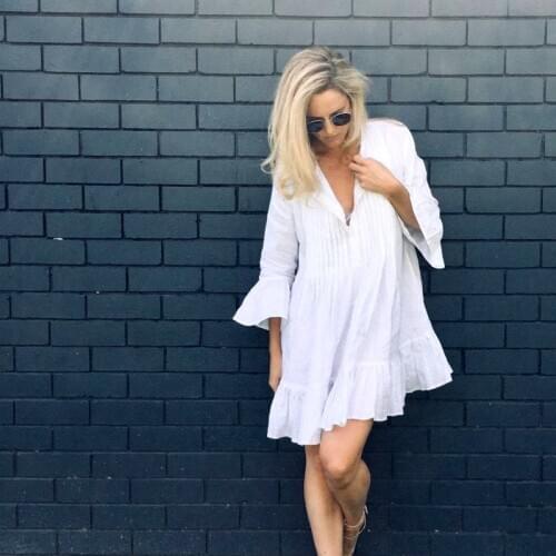 Women Swimsuit Cover Ups Mandarin Sleeve Kaftan Beach Tunic Dress Robe De Plage Solid White Cotton Pareo Beach Cover Up #Q606
