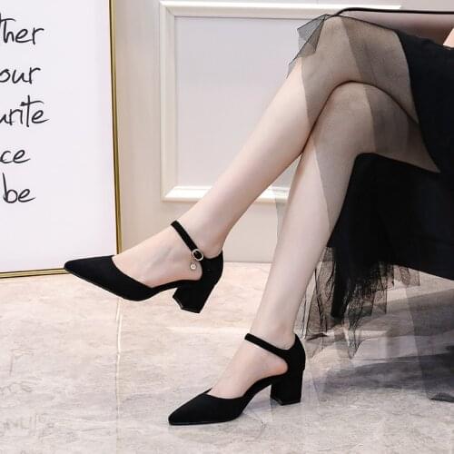 Square High Heels Women Shoes 2021 Flock Ankle Straps Slingbacks Sandals Casual Black Nude Wedding Sexy Pointed Toe Woman Pumps